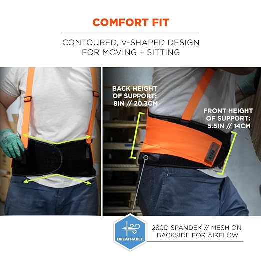 Ergodyne ProFlex 100HV Back Support Brace, High Visibility Support Belt, 8" Spandex Material, Removeable Straps , Orange , Medium