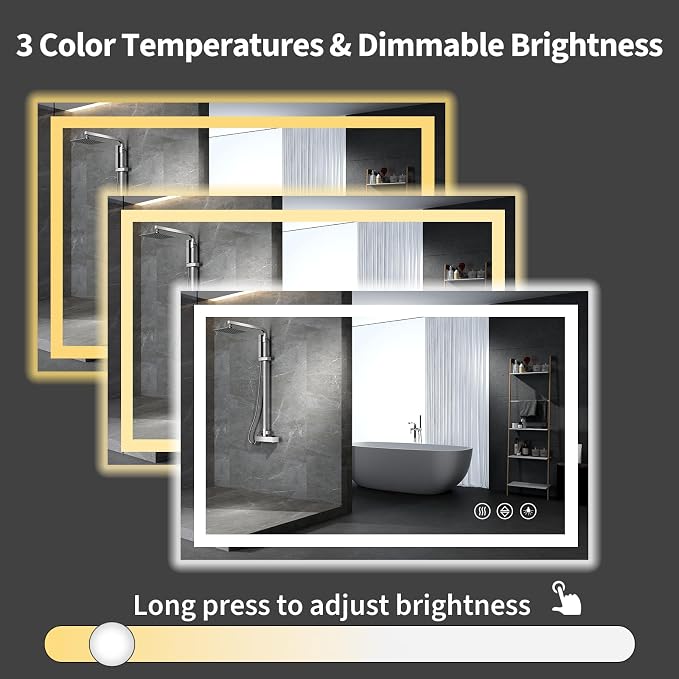 Koonmi 55x36 LED Bathroom Mirror with Light, Anti-Fog, 3 Colors | Backlit + Front Lit, Dimmable Brightness, Shatterproof HD Distortion-Free Tempered Glass, Hardware Included