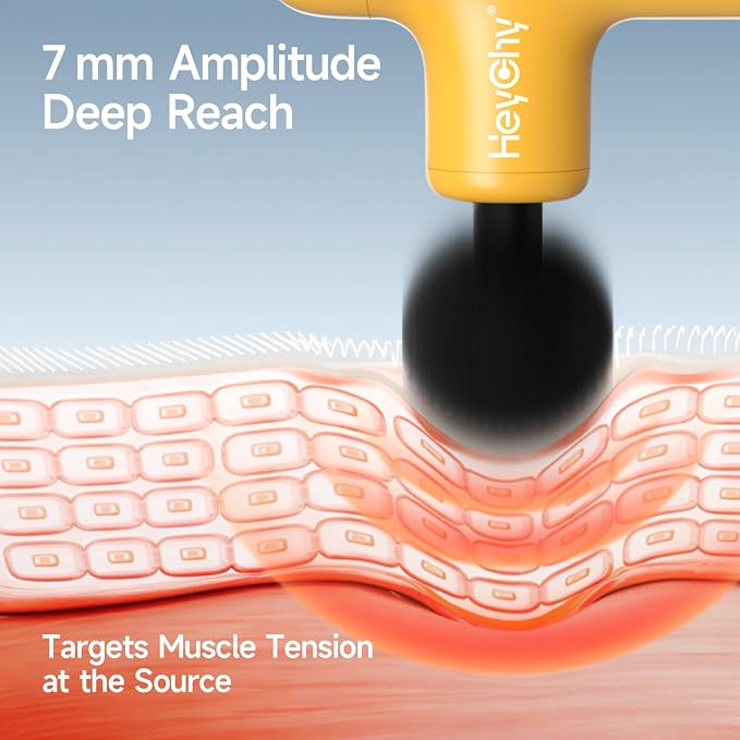 HEYCHY Super Mini Massage Gun Deep Tissue, Handheld Muscle Massager with 4 Heads, Percussion Travel Size Massager Gun FSA Eligible for Men Women Back Relief, Quiet for Home, Gym, Office, HSA, Yellow