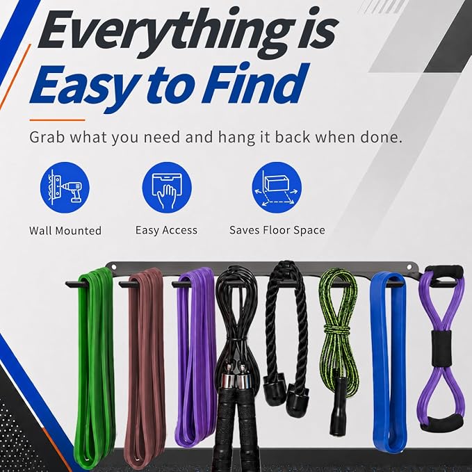 Gym Home Rack 8 Hook Heavy-Duty Wall-mounted Organizer Multi-Purpose Workout Gear Wall Hanger Storage for Resistance Bands Jump Ropes Lifting Belt Fitness Bands Barbells Carabiners Included