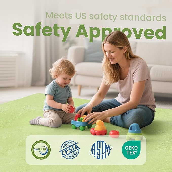Huloo Sleep Baby Play Mat for Floor,1.3" Thick Elasti-Foam 50"×50" Playpen Mat for Tummy Time,Water Repellent Soft Coral Velvet for Toddler,Infant,Kids,Non-Slip Backing Safe for Crawling(Light Green)