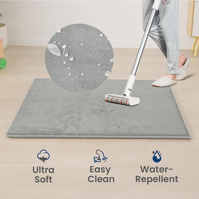 Huloo Sleep Baby Play Mat for Floor,1.3" Thick Elasti-Foam 50"×74" Playpen Mat for Tummy Time,Water Repellent Soft Coral Velvet for Toddler,Infant,Kids,Non-Slip Backing Safe for Crawling(Light Grey)