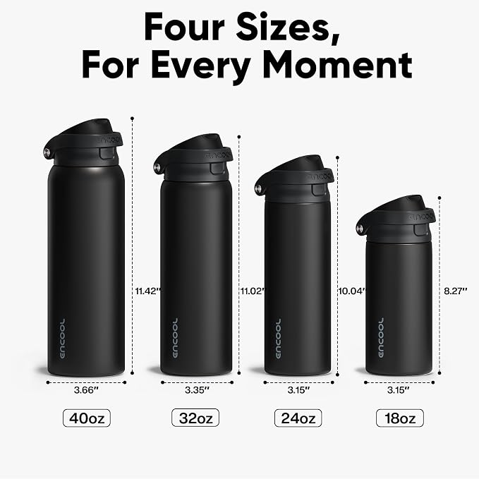 ENCOOL Leakproof Insulated Water Bottle with Straw Dual-Sip Water Bottle Bag-Safe Design for Work, Commute & Gym – Keeps Drinks Cold All Day, 32 oz, Jet Black