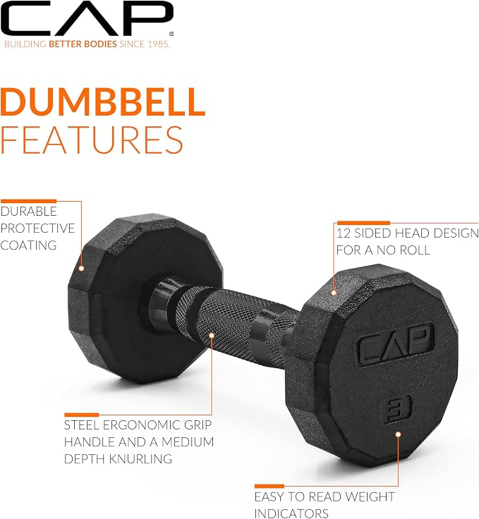 CAP Rubber Coated Dumbbell Weights, Free Weights for Home Gym Strength Training, Anti-Roll Hex Dumbbells with Black, Chrome & Comfort Grip Handles, Pairs & Sets