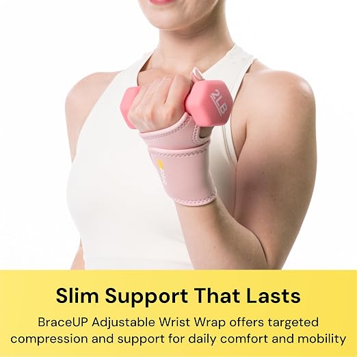 BraceUP Adjustable Wrist Wrap for Men and Women - Workouts Wrist Band, Carpal Tunnel Compression Wrist Brace, Tendonitis Wrist Splint, Left Right Hand One Size Adjustable (1, Pink)