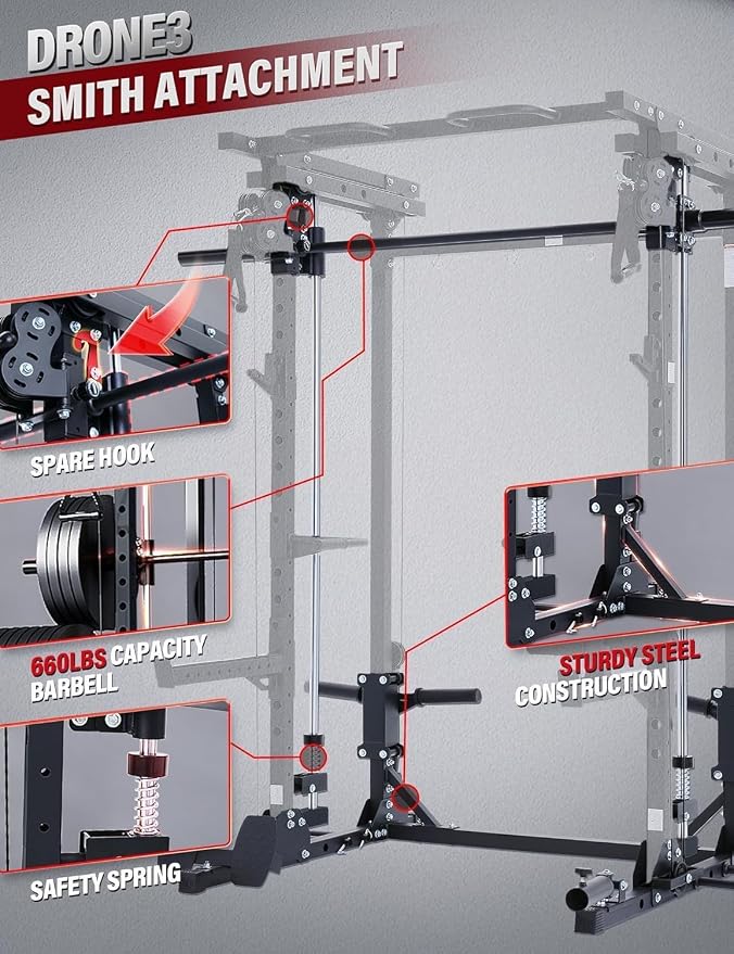 MAJOR FITNESS Drone3 Smith Machine, 2500lbs All-in-One Home Gym Power Rack with Dual Pulley System for Cable Crossover, Pull-Up Bars