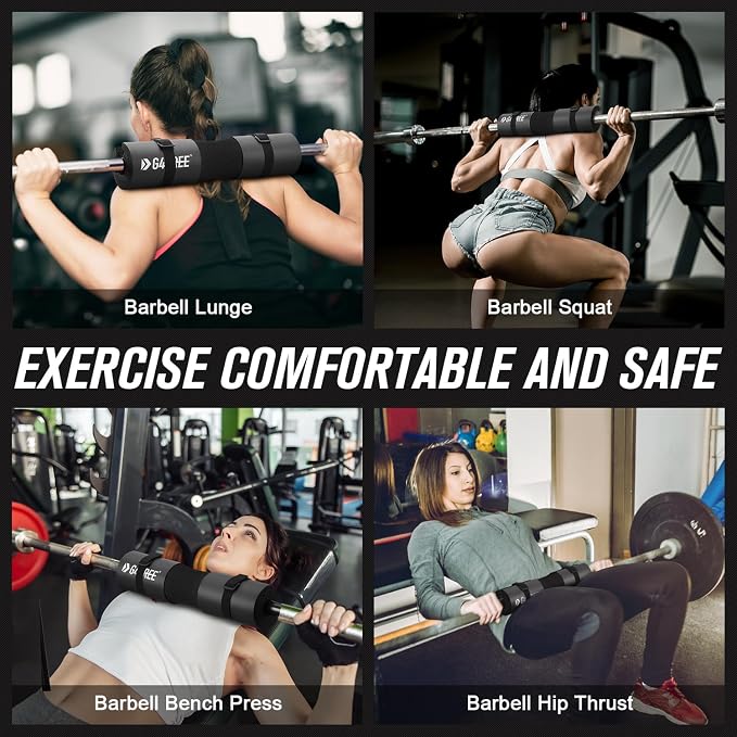 G4Free 7/9Pcs Barbell Pad Set for Squat, Hip Thrusts, Lunges, Leg day | Standard Olympic Bars with 2 Gym Ankle Safety Straps, 3 Hip Resistance Bands, 2 Lifting Strap, Barbell Pad, and Carry Bag