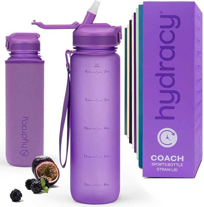Hydracy Motivational Water Bottle with Time Marker and Straw Lid 32 oz | Leakproof,BPA Free,No Sweat Neoprene Sleeve,Carry Strap,Daily Intake Tracking for Fitness & Outdoors