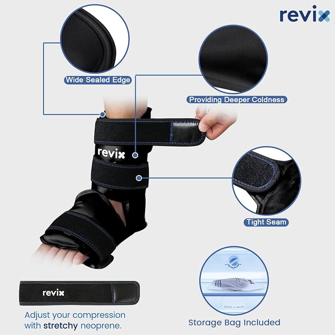 REVIX Ankle Ice Pack Wrap, Gel Ice Pack with Cold Compression, Black | Reusable Cold Wrap Covers Foot, Ankle & Heel for Plantar Fasciitis Discomfort and Swelling, 3 Adjustable Straps