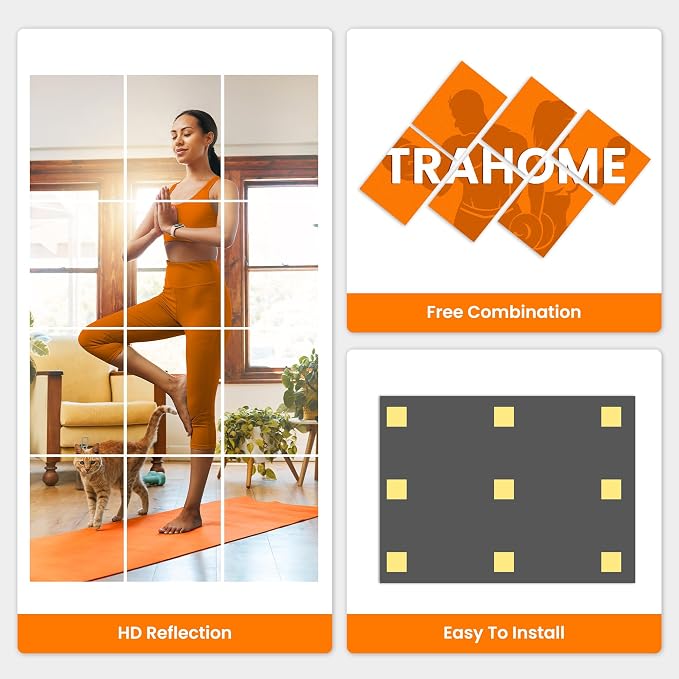 TRAHOME Wall Mirror Tiles, 16"x12"x12PCS Full Length Home Gym Mirror | HD Tempered Glass, Frameless Workout Mirror for Garage, Bedroom, Living Room, Over The Door