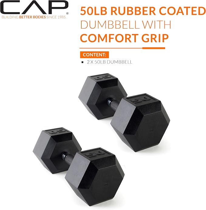 CAP Rubber Coated Dumbbell Weights, Free Weights for Home Gym Strength Training, Anti-Roll Hex Dumbbells with Black, Chrome & Comfort Grip Handles, Pairs & Sets