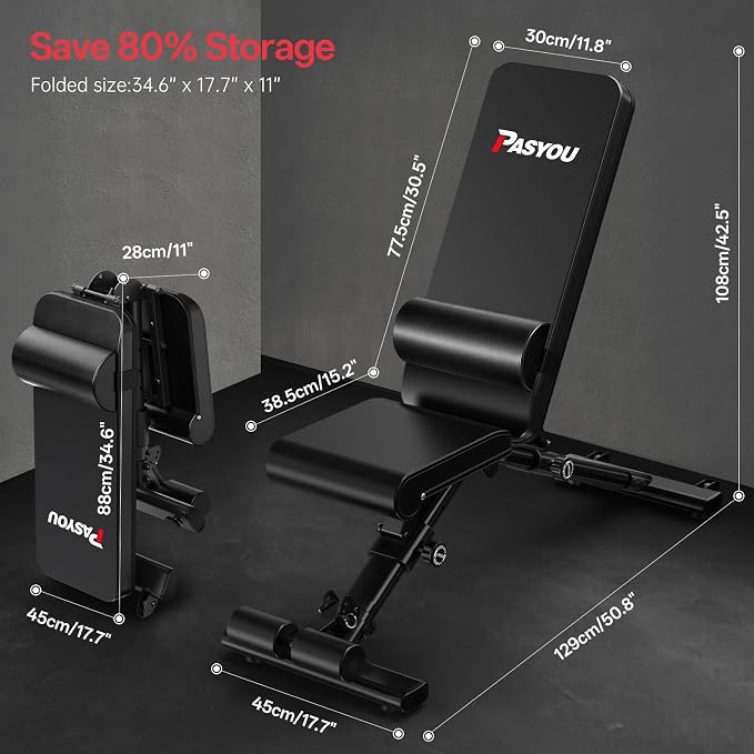 PASYOU Adjustable Weight Bench, 660LB Foldable Workout Bench for Home Gym, Incline Flat Bench Press for Full Body Workout, Dual-Frame Strength Training Bench, No Assembly Required