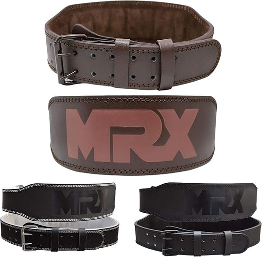 MRX Weight Lifting Belt Genuine Leather - 4 Inches Wide 8mm Thick Padded Lumbar Back Support Double Prong Powerlifting Belts Heavy Duty Deadlifts Workout Squats & Exercise Belt for Men & Women