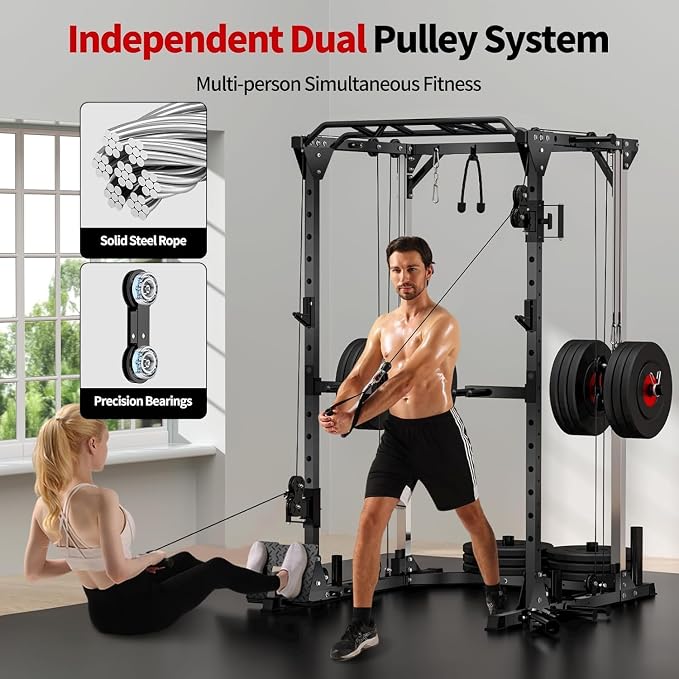 JEEKEE Power Cage with Cable Crossover System, 2000LB Multi-Function Power Rack with Independent Dual Pulleys, LAT Pulldown Seat Cushion, 20+ Attachments Squat Rack for Home Gym Workout,Black