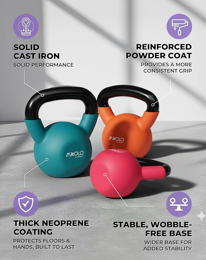 Mikolo Neoprene Coated Cast Iron Kettlebells 5-30LB Set, Solid Weight Set with Wide Grip Handle and Flat Bottom, Ideal for Full Body Strength Training at Home Gym