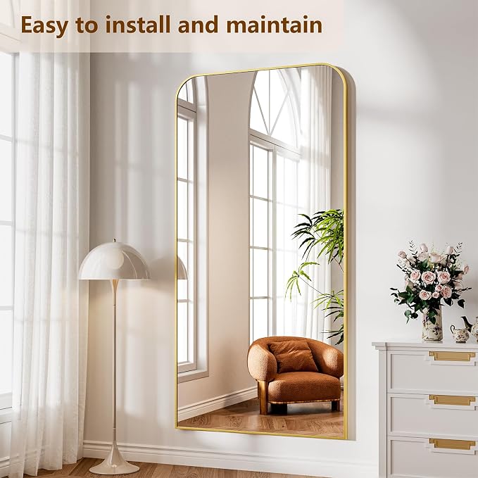 Koonmi Full Length Mirror, 80"x36" Mirror Full Length with Stand, Gold Domed Top Square-Edged Floor Mirror with Aluminum Alloy Frame for Bedroom Living Room