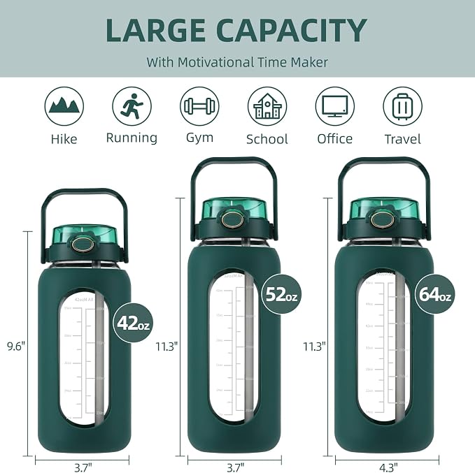 42 oz Glass Water Bottle with 2-in-1 Straw Lid Large Half Gallon Water Bottle with Time Marker & Removable Silicone Sleeve,Wide Mouth BPA-Free Borosilicate Bottle for Gym, Workout & Daily Use