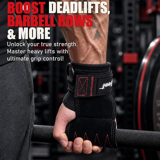 Weight Lifting Grips with D-Ring, Leather Palm and Wrist Support | Grip support for pulling workouts, less palm strain, D-ring cable options, padded wrist support