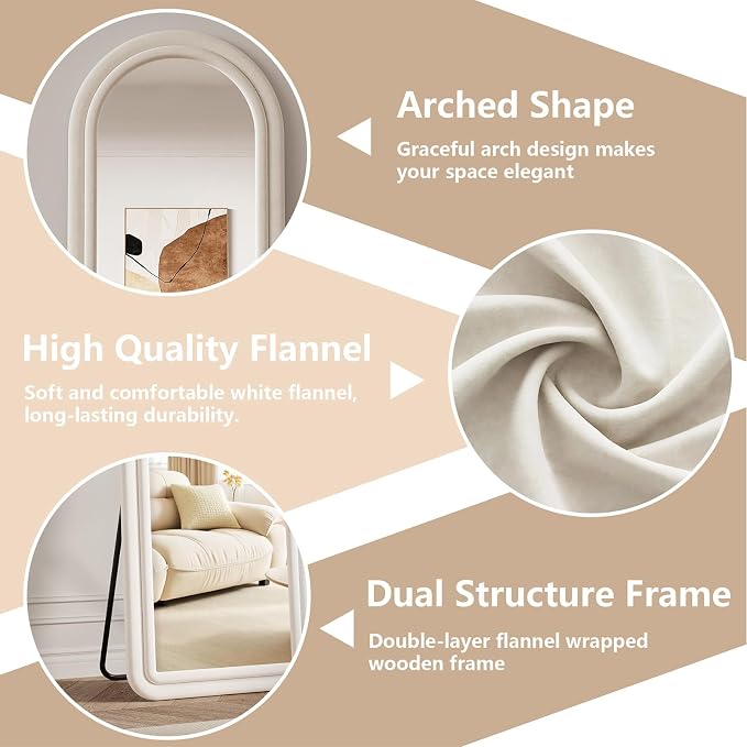 Arched Full Length Mirror 71"x32", Flannel Floor Mirror | Full Body Mirror with Stand, Flannel Mirrror Bedroom and Living Room, Wall Mirror Hanging or Leaning, White