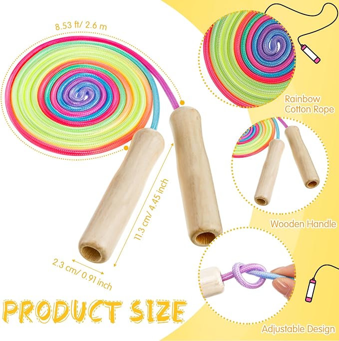 48 Pieces 8.53 ft Adjustable Jump Ropes Rainbow Cotton Skipping Rope Bulk with Wooden Handles for End of The School Year Gifts Graduation Outdoor Exercise