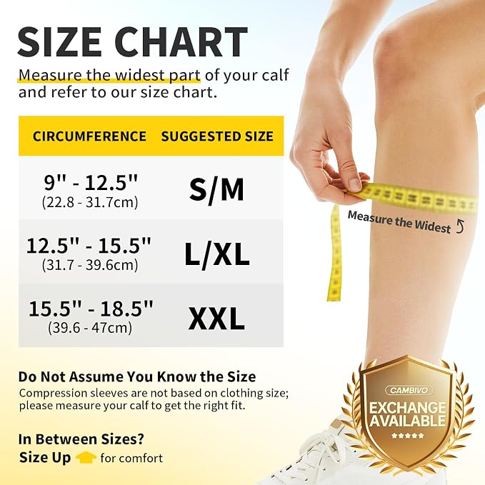 CAMBIVO Calf Compression Sleeve for Men Women Footless | Graduated Compression, Shin Splint Relief, Moisture Wicking, Running Standing Travel, 4D Knit Anti-Slip, Varicose Veins