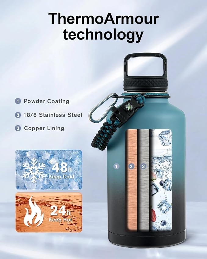 Trebo 64 oz Water Bottle Stainless Steel with 3 Lids, Paracord Handle & Bag | Half Gallon Large Insulated Jug, Triple Wall Vacuum Copper Plated, Dishwasher Safe, Cold 48Hrs for Outdoor, Hiking, Gym