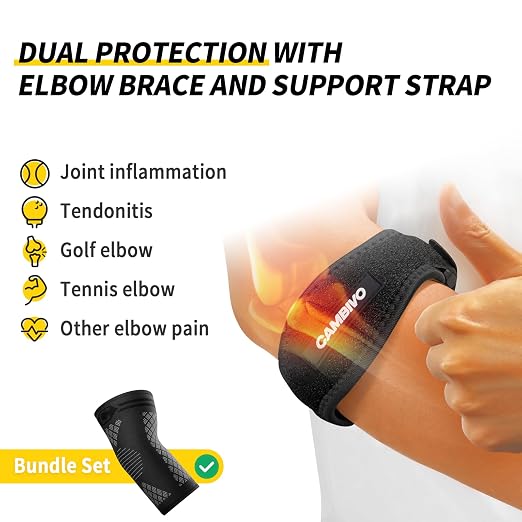 CAMBIVO 2 Elbow Sleeves and 1 Tennis Elbow Strap Set for Tendonitis Relief | Counterforce Pad Targets Extensor Pain, Adjustable Hook-and-Loop Fit, Breathable 3D Knit Sleeve, 2+1 Combo Set, Men & Women
