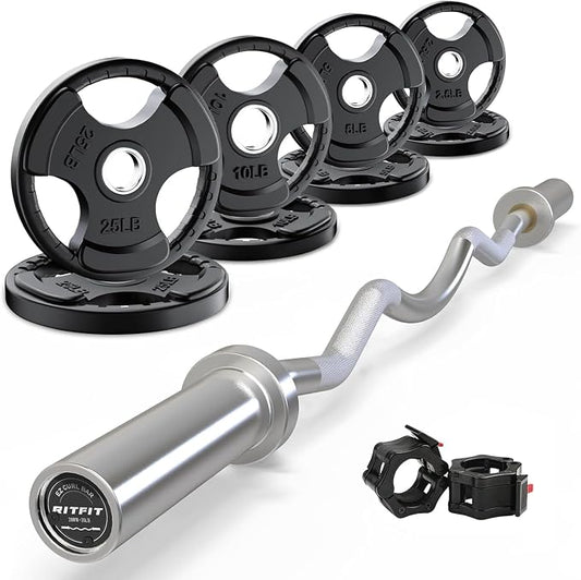 RitFit 2 Inch EZ Curl Bar Olympic Barbell with Weight Plates & Collar | 4FT EZ Curl Bar Olympic Barbell with Collars for Bicep, Tricep Workout, Weightlifting, 350LBS Weight Capacity