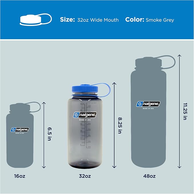 Nalgene Sustain Tritan BPA-Free Water Bottle Made with Material Derived from 50% Plastic Waste, 32 OZ, Wide Mouth,Smoke Grey