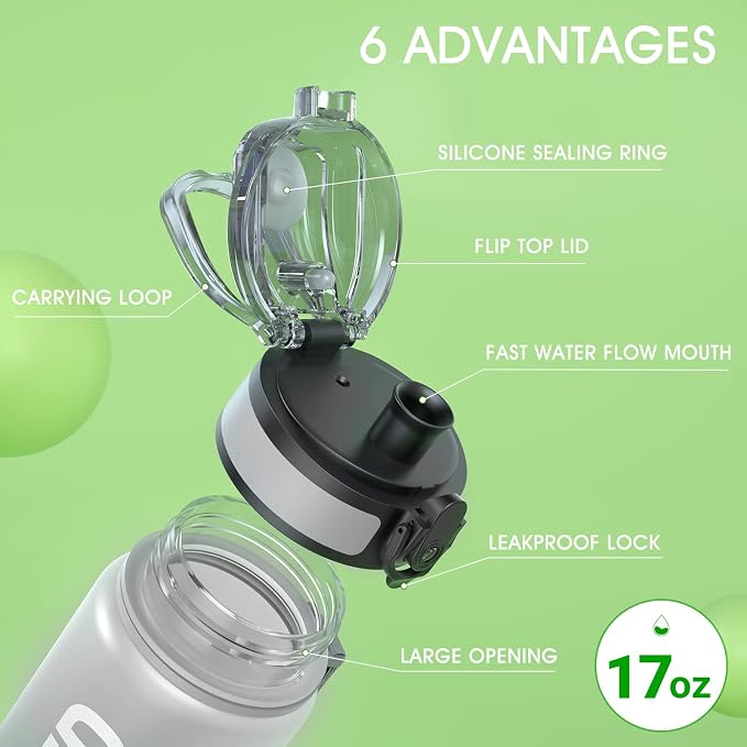 Sahara Sailor Water Bottle 17oz, Tritan Sports Bottle with Time Marker | Bpa Free, Leakproof Wide Mouth With Fast Flow Lid And Cleaning Brush, For Gym School Office Travel, 1 Count
