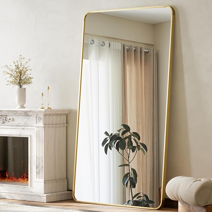 BEAUTYPEAK 71" x 32" Rounded Corner Full Length Mirror with Stand, Gold | Aluminum Alloy Frame with Standing, Leaning, or Wall-Mounted, Ideal for Bedroom, Dressing Room, Entryway, and Living Room