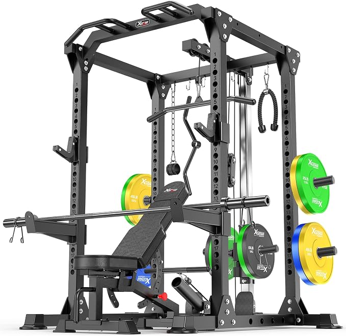 Power Cage Multi-Function Power Rack with Cable Crossover System,1500 LBS Capacity Squat Rack with Weight Bench,for Home Gym