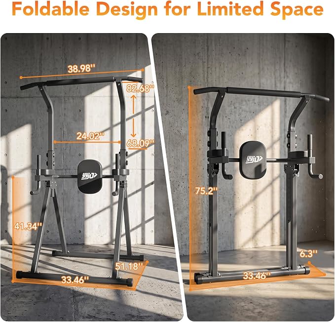 YYJO Foldable Pull Up Bar Free Standing Multi-function Power Tower Dip Bar with Assistance Bands Home Gym Strength Training Equipment