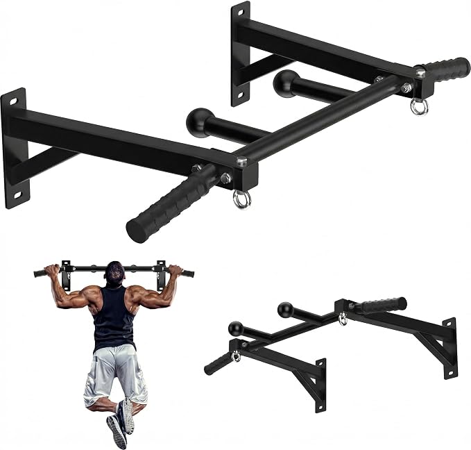 Upgrade Wall Mount Pull Up Bar, Heavy Duty Steel PullUp Bar Fits 24'' Wood Studs, Multi Grip Pull Up Bar with Ball Finger & Round Rings, for Home Gym Garage Basement Strength Training Chin Up Bar