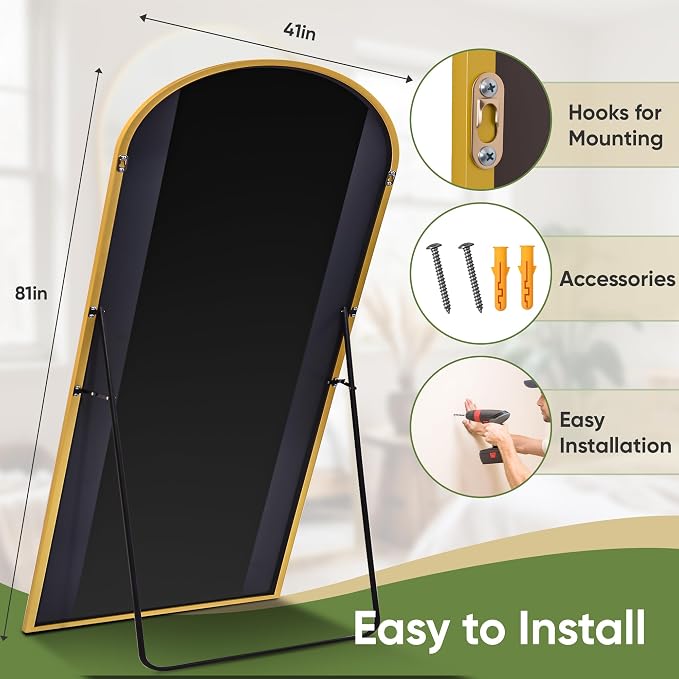 Full Length Mirror, 81"x41" Arched Full Body Mirror, Floor Mirrors with Stand, Body Mirrors Standing Hanging Leaning Against Wall,Aluminum Frame Mirrors for Bedroom Cloakroom,Living Room,Gold