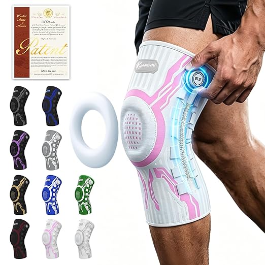 Kuangmi Knob Knee Brace for Pain Relief, Knee Support with Patella Gel Pad & Side Stabilizers, Compression Knee Sleeve for Workout, Arthritis, Joint Pain, Meniscus Tear (Pink White,Left,XX-Large,Single)