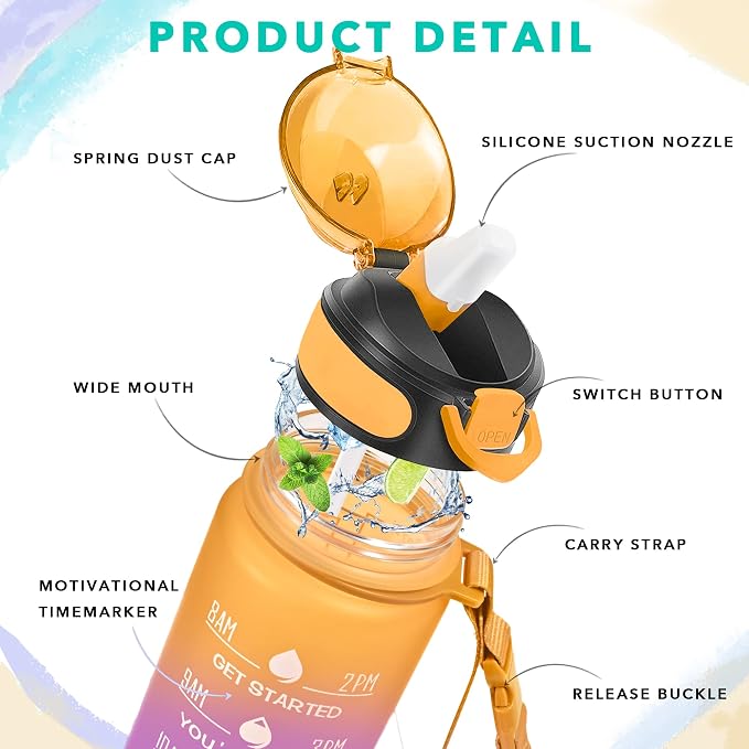 Enerbone 32 oz Water Bottle with Times to Drink and Straw, Motivational Drinking Water Bottles with Carrying Strap, Leakproof BPA & Toxic Free, Ensure You Drink Enough Water for Fitness Gym Outdoor