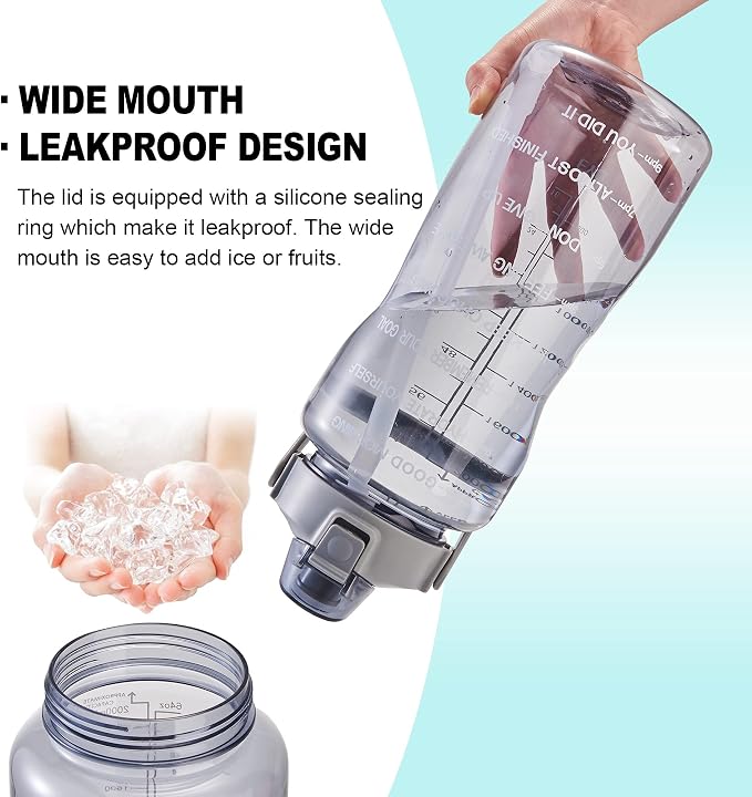 EYQ 64oz/128oz Leakproof Free Drinking Water Bottle with Motivational Time Marker BPA Free for Fitness, Gym and Outdoor Sports