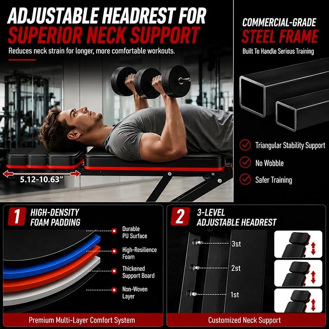 Adjustable Weight Bench, Foldable Workout Bench Press for Home Gym | Heavy duty utility incline decline flat bench with preacher curl, leg extension for full-body strength training.