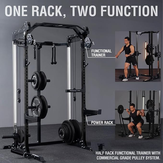 Mikolo Power Cage, 2000LB Power Rack with Independent Dual Pulley System, Multi-Function Home Gym Workout Machine for Cable Crossover and Squat