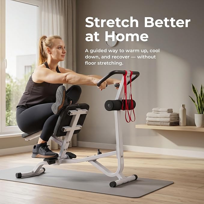 Sunny Health & Fitness Full Body Stretch Machine Back Stretcher Pivot Seat | Pivoting Seat, Multi-Use Handlebar, Padded Back Support, Full-Body Stretching, Flexibility Training, Home Gym Use