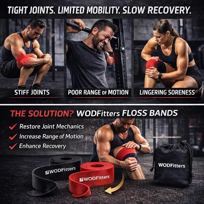WODFitters Floss Bands for Muscle Compression Tack & Flossing, Mobility & Recovery WODs - Latest Technology - 2 Pack with Carrying Bag