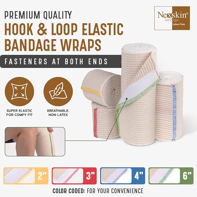 Premium Elastic Bandage Wrap (3” Wide, 50 Pack) - Nexskin Latex Free Athletic/Medical Compression Bandages Hook & Loop Fasteners at Both Ends - Lifetime Washable & Reusable Bandages