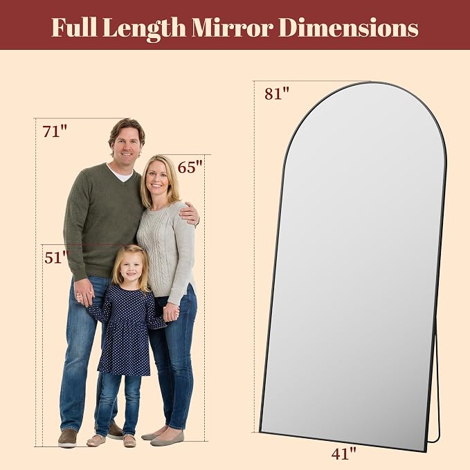 Suidia 81"x41" Arched Full Length Mirror with Stand, Full Body Mirror with Aluminum Frame, Freestanding/Leaning/Wall-Mounted, Floor Mirrors for Bedroom, Living Room, Entryway, Dressing Room, Black