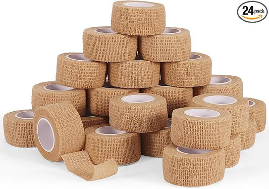 24 Rolls Elastic Self Adhesive Bandage Wrap 1 Inch, Breathable Non Woven Cohesive Bandage, Vet Wrap for Dogs, Ankle Sprains Swelling Medical First Aid Tape, Sports Athletic Tape (Brown)
