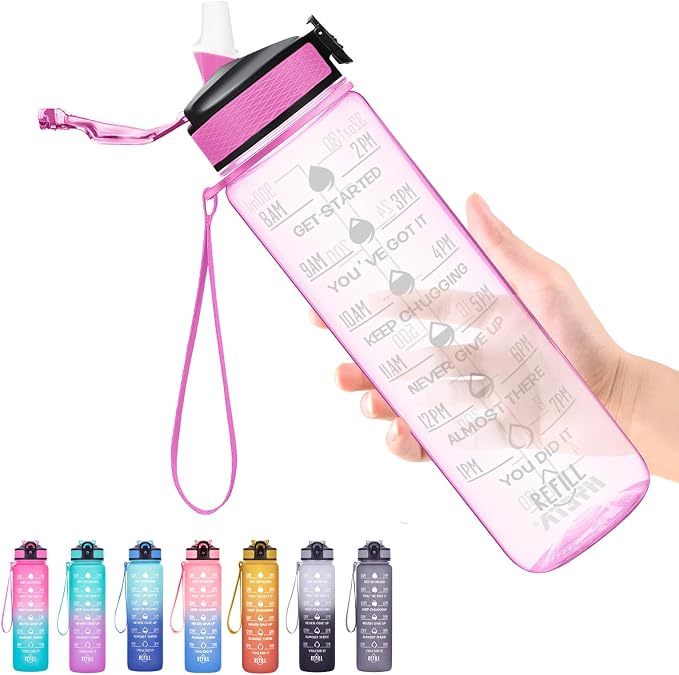 Hyeta Water Bottle with Straw & Time Marker, Plastic 32oz Leakproof | Motivational Tritan BPA Free Gym Office Outdoor Intake Tracker Hourly Reminder Straw Lid Carry Strap