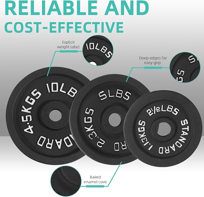Fitvids Cast Iron Standard Weight Plates Including 5FT Standard Barbell with Star Locks, 45-Pound Set (35 Pounds Plates + 10 Pounds Barbell), Multiple Styles