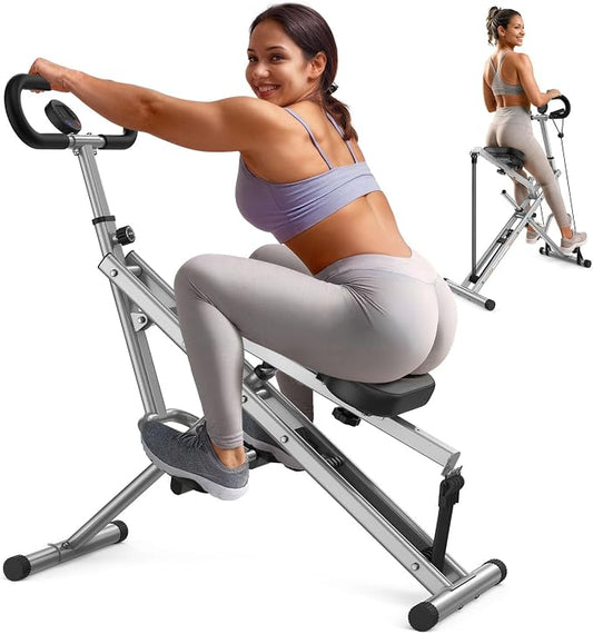 Sportsroyals Pink Squat Machine Rowing Machine for Home 2 in 1 Rower & Squat Assist Workout Foldable Rower for Home Full Body Worikout Adjustable 4 Resistance Bands 330lbs