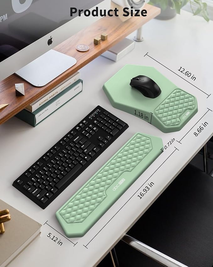 Ergonomic Mouse Pad Wrist Rest and Keyboard Wrist Rest Support Set | Massage Design Mousepad for Carpal Tunnel Pain Relief, Memory Foam, Non-Slip PU Base for Computer Desk, Green