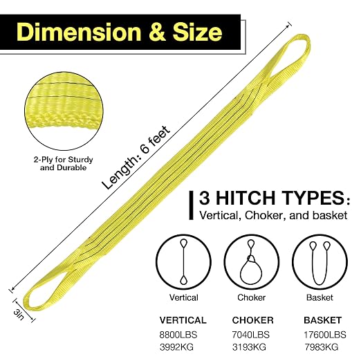 Lift Sling Straps,3" x 6' 2-Ply Heavy Duty Flat Eye Lift Sling | Polyester Lifting Straps Tree Saver Recovery Strap Web Sling Rigging Securing Moving Tow Hoisting Gear Straps Kit 17600lb